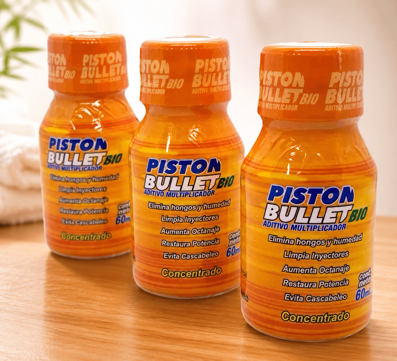 Piston Bullet Bio · aditivo para gasolina · paquete de 3 frascos de 60 ml