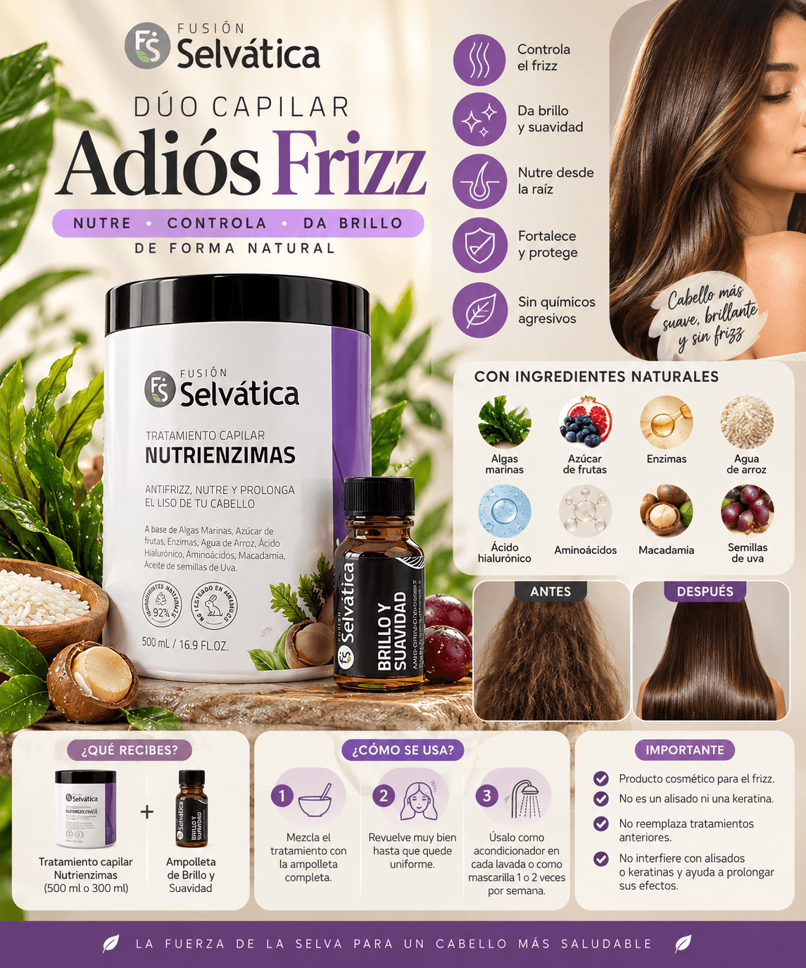 Fusión Selvática · Dúo capilar Adiós Frizz · tratamiento + ampolleta