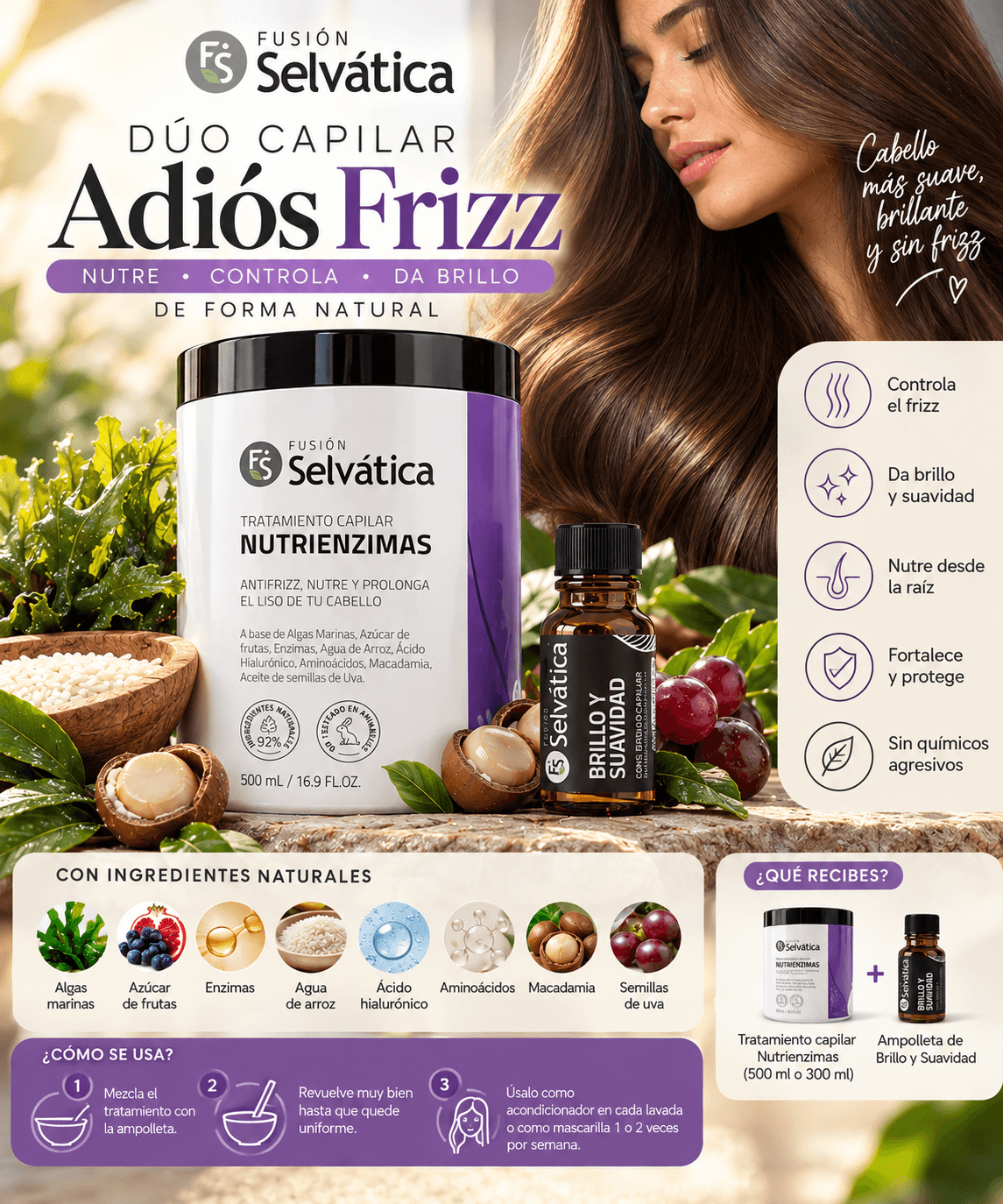 Fusión Selvática · Dúo capilar Adiós Frizz · tratamiento + ampolleta
