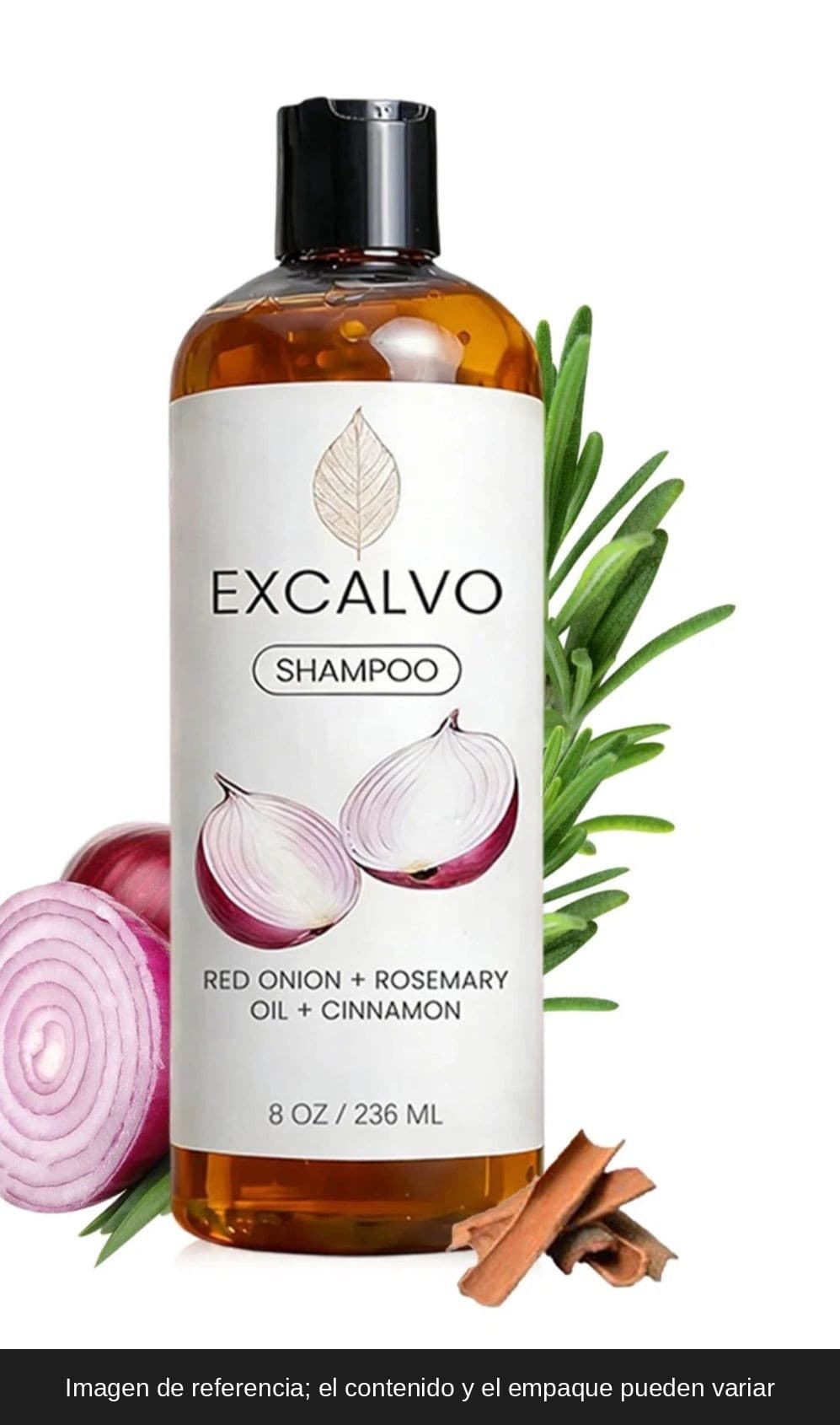 Shampoo Excalvo de cebolla roja, romero y canela, 236 ml